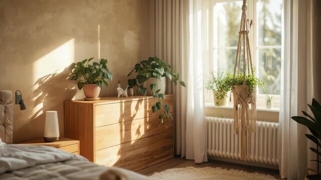 Sunlit bedroom wooden dresser with potted plant macrame hanger curtain sunlight cozy calm mood