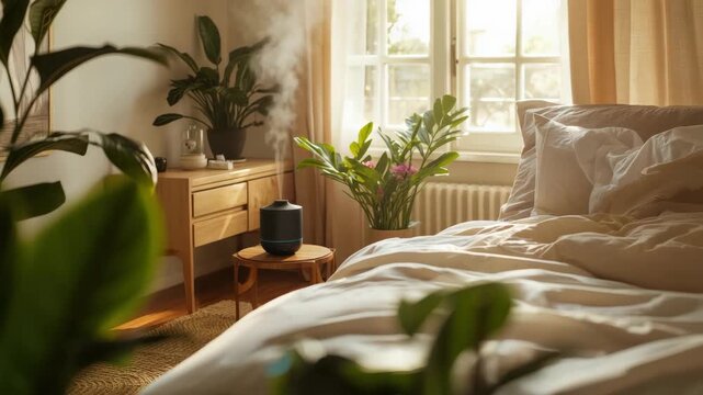 Cozy bedroom morning sunlight diffuser releasing steam, houseplant by bed with warm bedding sunlight