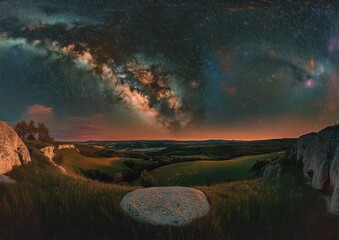 Milky Way arching across a star-filled night sky above rolling green hills, rocky outcrops and a flat foreground stone, evoking awe and tranquil solitude