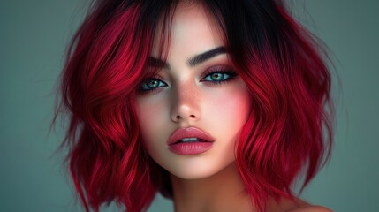 Vibrant magenta wavy bob haircut and bare shoulder against teal backdrop, playful confident edgy mood