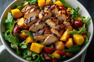 Grilled sliced chicken on a vibrant salad of arugula, diced mango, halved red grapes and cherry tomatoes, fresh colorful and appetizing