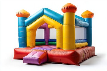 bright colorful inflatable bouncy castle with four corner turrets, small entrance ramp and soft air-filled floor conveying playful cheerful fun