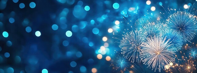 blue bokeh background with golden and blue sparkling fireworks bursts conveying joyful festive celebration