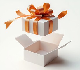white gift box with open flaps and levitating lid tied with orange satin ribbon and bow, minimal studio scene conveying surprise and joy