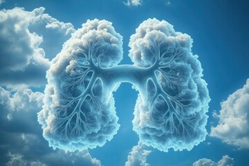 Surreal cloud formation shaped like human lungs with visible branching bronchial tree, floating in a bright blue sky among white cumulus clouds, evoking calm and airy serenity