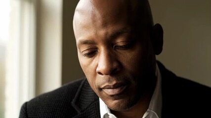 Close up portrait of a serious bald man in black jacket looking at the camera posing by a window. Indoor headshot.