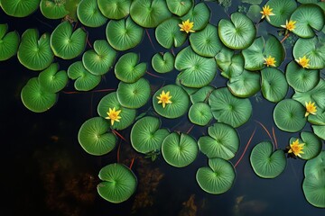 Overhead view of round green lily pads with slender red stems and scattered bright yellow water lily blooms floating on dark tranquil pond, serene and peaceful mood