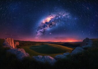 Rocky foreground cliffs overlooking rolling grassy hills and distant forest beneath a vivid Milky Way arch and star trails with a glowing twilight horizon, evoking awe and serenity