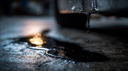 Close-up of dark motor oil leaking onto a garage floor, highlighting vehicle maintenance issues, spills, and the messy aftermath of an automotive leak.