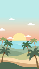 Obraz premium Minimalist flat design vector illustration of a tropical beach at sunset. Perfect for summer travel, vacation backgrounds, and serene nature concepts.