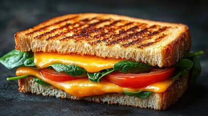 toasted grilled cheese sandwich with melted cheddar, ripe tomato slices and fresh spinach between golden brown crusty bread, warm comforting and appetizing close-up