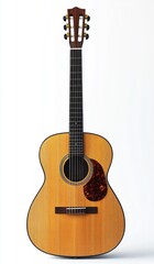 Obraz premium upright six-string acoustic guitar with warm natural wood finish, tortoiseshell pickguard and slotted headstock on white background, calm inviting nostalgic mood
