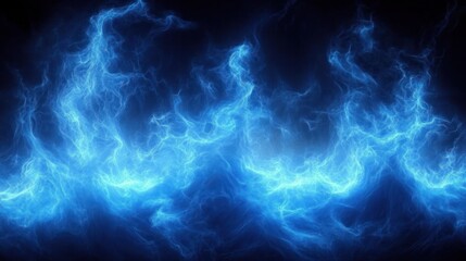 Glowing blue electric plasma waves against a dark background, intense swirling lightning-like energy conveying power, motion and mysterious atmosphere