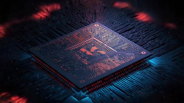 Glowing microchip circuit board processor motherboard semiconductor electronic component with blue