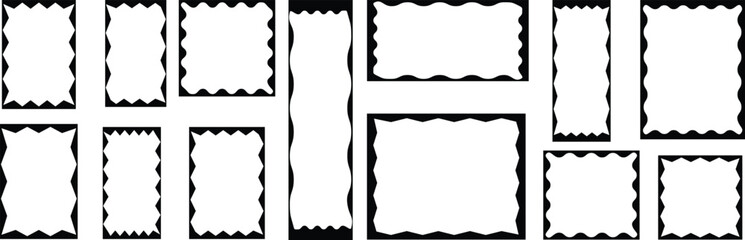 Wavy frame border set.  Cloudy wave curve edge frame vector set wavy edge frames. Wavy Scalloped Rectangular and Oval Frames Collection .