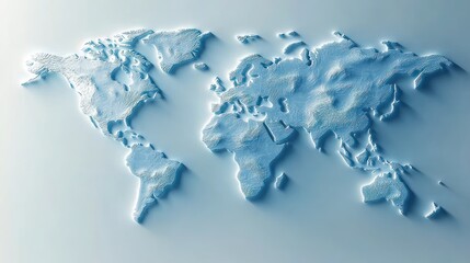 Embossed textured world map with raised continents, topographic relief and soft blue lighting casting gentle shadows on a clean minimalist surface, evoking calm serenity