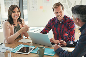 Meeting, laptop and smile with business people in office for feedback, campaign pitch and planning. Team, branding workshop and collaboration with employees in agency for marketing and project