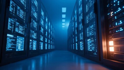 Server room illuminated by blue lights featuring server racks showcasing modern technology and data infrastructure. The floor reflects the light in this high tech environment. - Powered by Adobe
