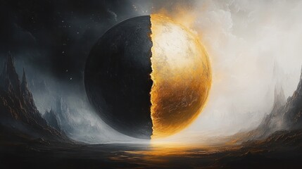 Giant split sphere of gold and black hovering above a misty reflective plain between jagged mountains, a dramatic surreal scene of light and darkness and tense awe