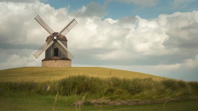 Old wooden windmill on grassy hill with wildflower foreground under dramatic cloudy sky cloud