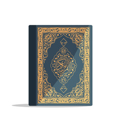 Holy quran book with gold arabic calligraphy and ornaments in flat vector