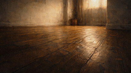 Empty Room with Wooden Floor and Warm Light &ndash; Oil Painting Illustration