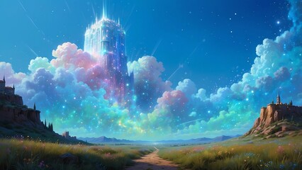 ゲーム背景　薄明の空と丘のシルエットと地平線と幻の天空宮殿が見える風景