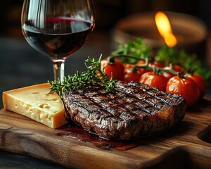 Grilled steak with herb garnish, roasted cherry tomatoes, wedge of cheese and glass of red wine on a wooden board by candlelight, warm indulgent romantic atmosphere
