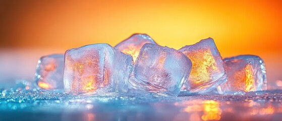 cluster of ice cubes on a wet reflective surface illuminated by warm orange backlight and cool blue foreground light, sparkling textures and a refreshing serene mood