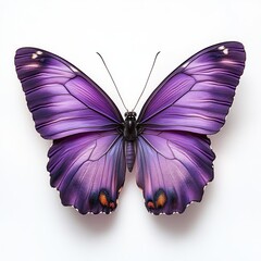 Vibrant purple butterfly with outstretched symmetrical wings, delicate antennae and subtle orange markings isolated on clean white background, serene and graceful