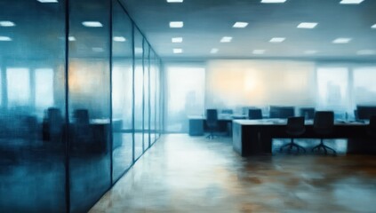 empty modern glass-walled office with open desks and swivel chairs, soft blue light, reflective floor and a calm, slightly melancholic atmosphere