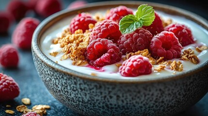 Close-up of creamy yogurt in a rustic ceramic bowl topped with fresh raspberries, crunchy granola and a mint leaf, inviting and fresh breakfast scene