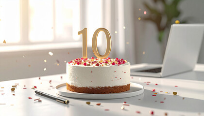 Minimalist anniversary cake with number ten topper, white frosting, red and gold confetti, modern office background, natural light, celebratory mood, sleek and elegant style