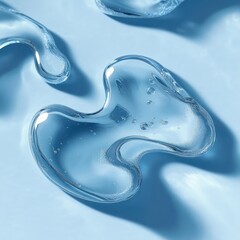 Close-up of translucent gel droplets with tiny bubbles and shiny reflections on a smooth blue surface, serene and refreshing