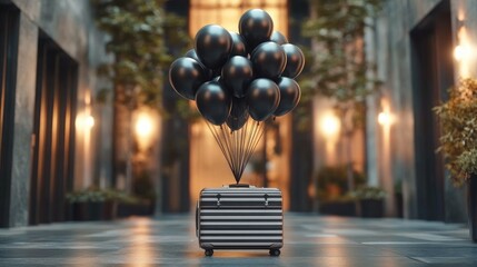 striped rolling suitcase tethered to a cluster of black balloons in a modern hotel corridor with warm lights and potted plants, evoking a whimsical and mysterious mood