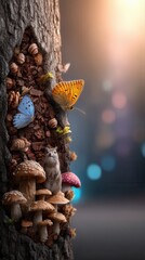 Whimsical forest scene with butterfly, squirrel, and mushrooms on tree trunk