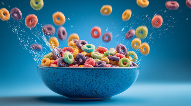 Colorful ring cereals splashing into a bowl of milk, capturing a playful breakfast moment with vibrant tones, motion, and a fun, energetic feel.