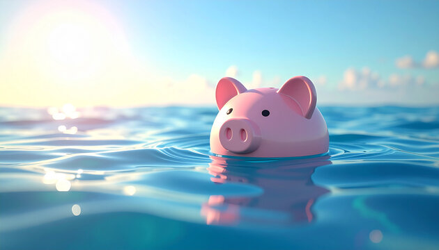 Piggy bank floating on calm blue sea with gentle ripples, sunlight reflecting on water, peaceful and whimsical mood, clear sky, outdoor scene
