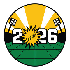 Cricket 2026 Emblem with Blue Sunburst and Grass Field Illustration