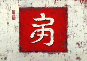 Bold white calligraphic character centered in a distressed red square on a textured ivory background with two vertical red seal stamps, evoking calm traditional rustic serenity
