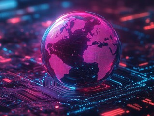 Vibrant neon digital globe resting on a glowing circuit board, magenta and blue holographic world map conveying futuristic connectivity and energetic cybernetic atmosphere