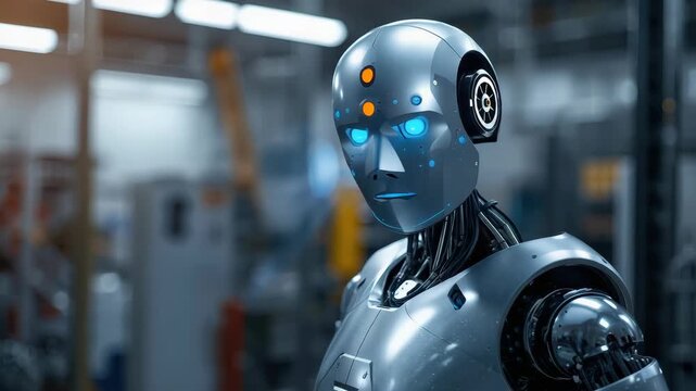 Futuristic android robot humanoid metallic blue light factory scene with glowing blue eyes