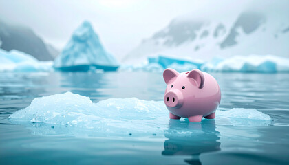 Piggy bank floating on icy water surrounded by iceberg fragments, symbolizing climate risk, financial savings, and environmental uncertainty in cold arctic landscape