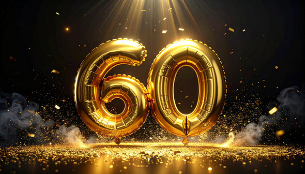 Golden metallic balloon number 60 with dramatic rim light, confetti, and sparkling dust on black background, festive and celebratory mood for anniversary or birthday event