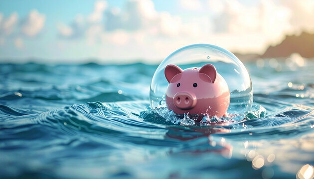 Piggy bank floating inside transparent bubble on ocean whirlpool, surreal concept with crisp lighting, symbolizing financial security and protection, whimsical and imaginative