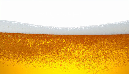 Golden beer with thick white foam forms curved horizon, bubbles rising in bright liquid, creating refreshing and inviting atmosphere for beverage lovers