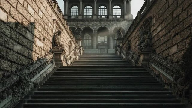 Grand stone staircase with ornate balustrade and statues leading to historic building entrance
