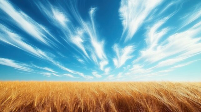 golden wheat field under a vivid blue sky with streaking white clouds, evoking calm, expansive, breezy summer serenity - Powered by Adobe
