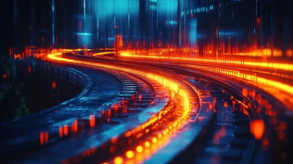 curved glowing neon railway tracks at night with vibrant orange light trails and blue futuristic city reflections, dynamic energetic mood