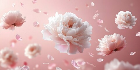 Floating pale pink peony blossoms and drifting petals on a soft pastel pink background, dreamy and delicate